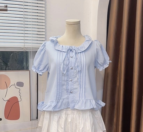Áo kiểu sơ mi xếp ly tay phồng
