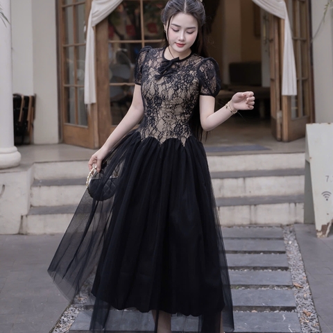 ĐẦM thiết kế ren phối voan đen cổ tròn tay ngắn lót da cao cấp đi tiệc sang trọn