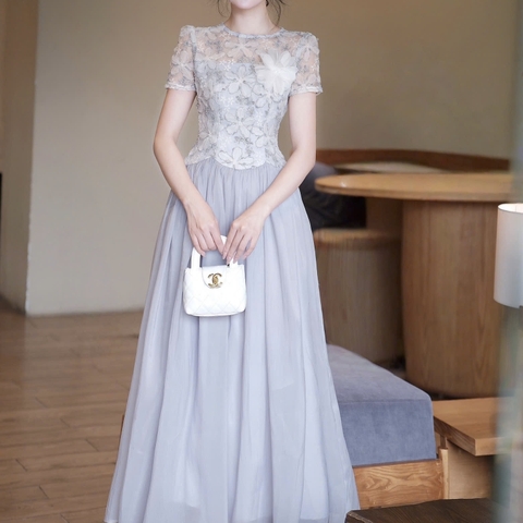 Đầm đi tiệc cao cấp hot trend phối ren thêu hoa dáng xòe cao cấp dáng dài 3 màu kem hồng ghi