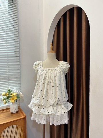 Set áo chấm bi phối ren kèm quần bí