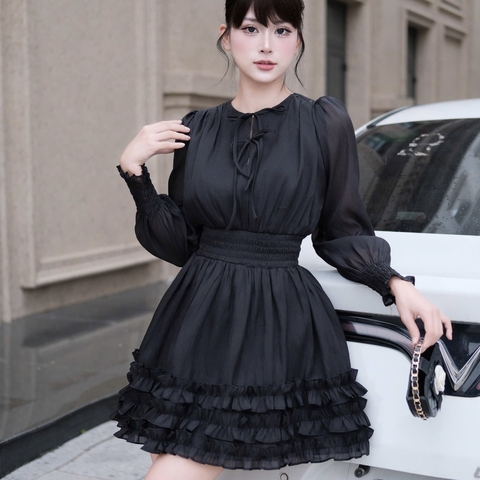 Đầm thiết kế cổ tròn tay bồng tầng hoa thiết kế cao cấp đi tiệc tay dài dáng xoè