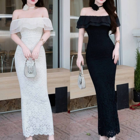 Đầm thiết kế trễ vai ren tầng cổ hoa