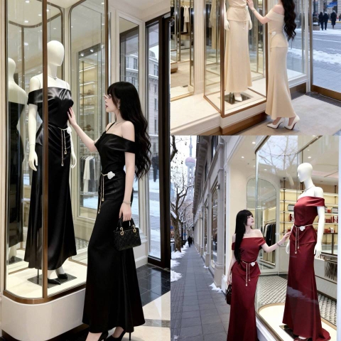 Set đầm lụa trễ vai ôm boby