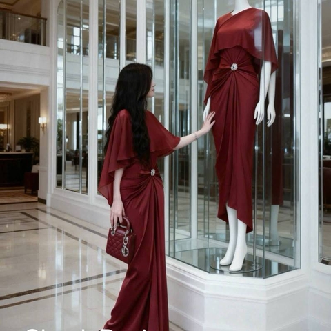 Đầm lụa xếp eo kèm áo choàng