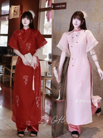 Áo dài khuy chéo thêu hoa tay lỡ