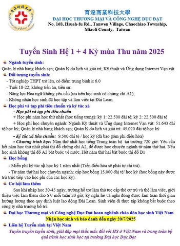 📣 Cơ hội du học Đài Loan 2025 tại Đại học Khoa học và Công nghệ Dục Đạt (Yuh-Der University of Science and Technology)🇹🇼✨