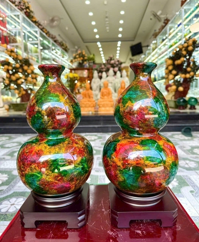 Cặp bình Hồ lô Tứ quý đá lông công - chiêu tài hút lộc