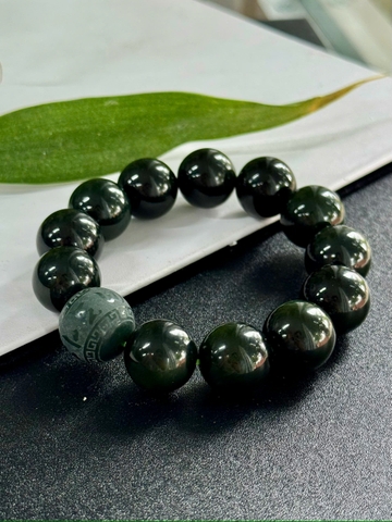 Vòng tay Ngọc bích phối bi ngọc bích chạm lục tự 17,5mm