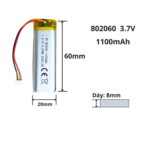 Pin sạc Lipo 3.7V 1100mAh 802060