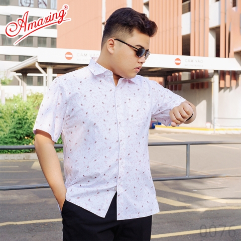 Áo sơ mi nam Amazing họa tiết ngắn tay, form rộng, vạt ngang, vải CVC 65/35 thoáng mát, size đại tới 110 kg