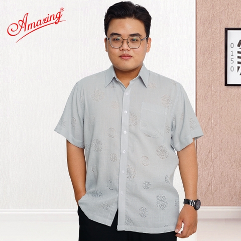 Áo sơ mi đại gia Amazing vải xô hoạ tiết Phước Lộc thọ form suông, cộc tay, vạt ngang