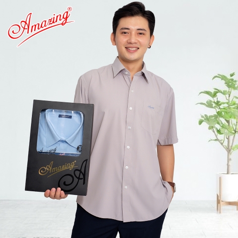 Áo sơ mi nam trung niên Amazing, dáng xuông, phong cách văn phòng lịch lãm, màu sắc trang nhã, tay ngắn, lai cua