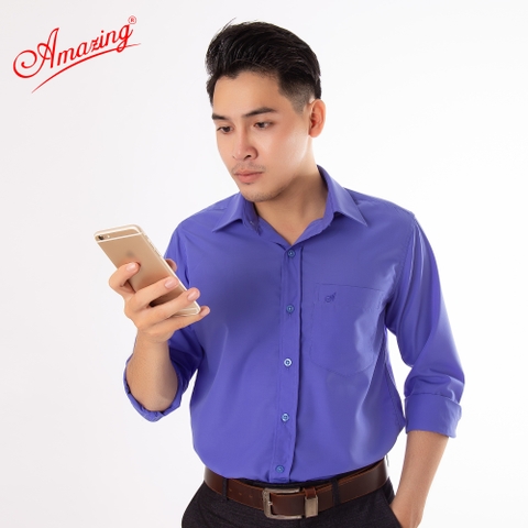 Áo somi nam màu trơn Amazing, thời trang công sở cao cấp trung niên, form rộng dáng suông, dài tay, đuôi tôm, big size