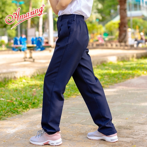 Quần dài học sinh Amazing cho nam và nữ, 2 màu đen và xanh đen, lưng thun sau, xếp 2 ly, dây kéo, form rộng, size tới 110kg