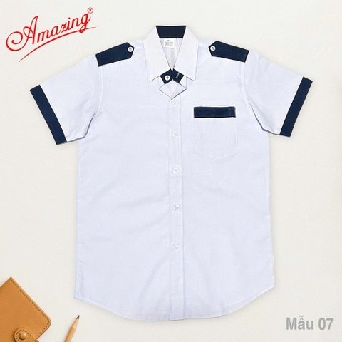 Áo Sơ Mi Trắng bé trai Phối Viền Xanh Đen Chất Vải Kate Silk Mềm Mại Dành Cho Học Sinh Cấp 1 2 big size 80kg