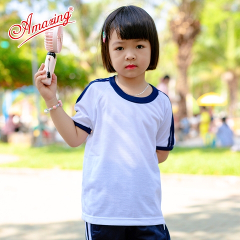 Áo thun thể dục cổ tròn và cổ bẻ Amazing, cho bé gái và bé trai, vải thun cotton, size từ 20-95kg, phối 3 sọc vai