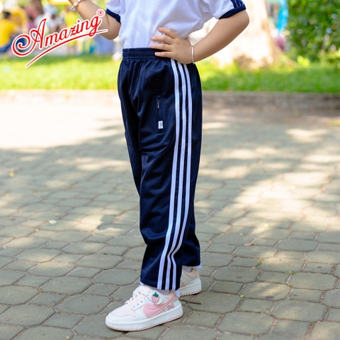 Quần thể dục phối 3 sọc cho bé trai và bé gái, lưng thun, chất thun cào hút mồ hôi, túi có khóa kéo, size 20-100kg, Amazing