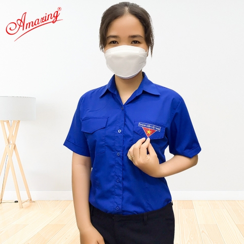 Áo sơ mi nữ thanh niên Việt Nam thêu logo cờ đỏ sao vàng, tay dài và tay ngắn, size 80kg, vải kate