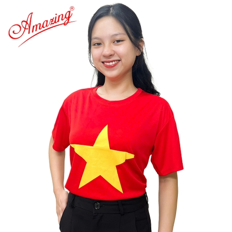 Áo cờ đỏ sao vàng Amazing cho nam và nữ , chất thun lạnh, cổ tròn, nền đỏ in sao vàng, size từ 10 đến 100kg