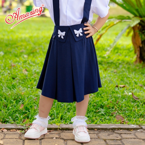 Váy rời có dây bé gái Amazing màu xanh đen, lưng thun phía sau, vải lụa gân không nhàu