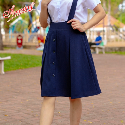 Chân váy yếm có dây cho bé gái đi học, vải lụa gân mềm , không có quần nhỏ bên trong, lưng thun sau thoải mái vận động