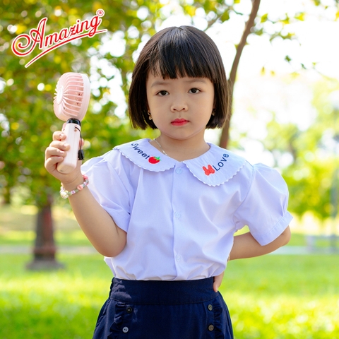 Áo trắng cổ lá sen Amazing cho bé gái đi học, cổ thêu dễ thương, tay bồng, vải kate trắng mềm mát, size đến 60kg