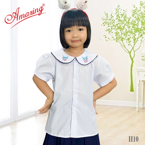 Áo trắng học sinh, cổ sen viền lính thủy xinh xắn, tay phồng, đồng phục bé gái cấp 1có size đến 65kg
