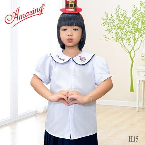 Áo sơ mi cổ sen thêu hình cho bé gái đi học, đồng phục cấp 1, tay phồng, vải kate silk mềm mát
