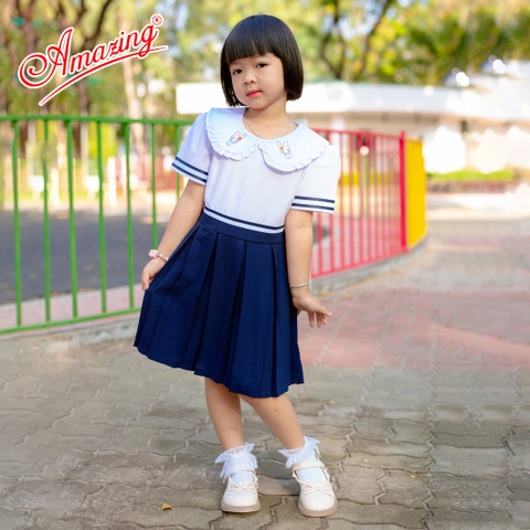 Áo đầm Amazing liền thân cao cấp cho bé gái đi học, đồng phục học sinh cấp 1, size tới 65kg
