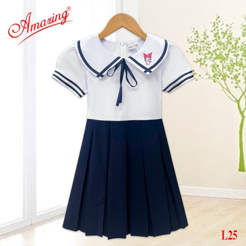 Đầm liền bé gái thêu hình xinh xắn, đồng phục học sinh, tay bồng, nhiều kiểu, có dây cột sau eo