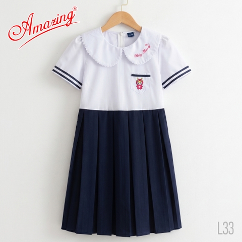 Đầm liền bé gái Amazing xinh xắn, đồng phục học sinh cấp 1 cổ sen, tay bồng, nhiều kiểu, size to đến 60kg