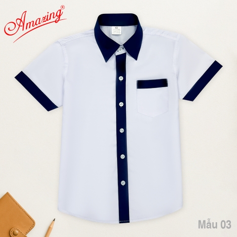 Áo sơ mi tay ngắn cho bé trai đi học, màu trắng viền nẹp cổ xanh đen, vải kate, có túi, size từ  20-80 kg