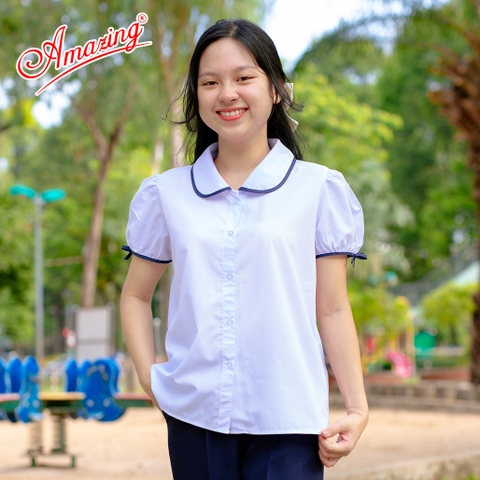 Áo sơ mi trắng cổ lá sen viền xanh cao cấp cho bé gái đến trường, vải kate silk, big size từ 25kg đến 70kg