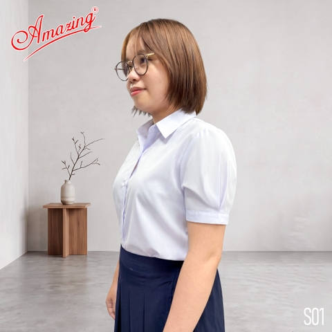 Áo sơ mi trắng tay bồng nhún cho bé gái đi học, đồng phục đến trường, vải kate silk mềm mướt, thấm hút mồ hôi, size tới 65kg