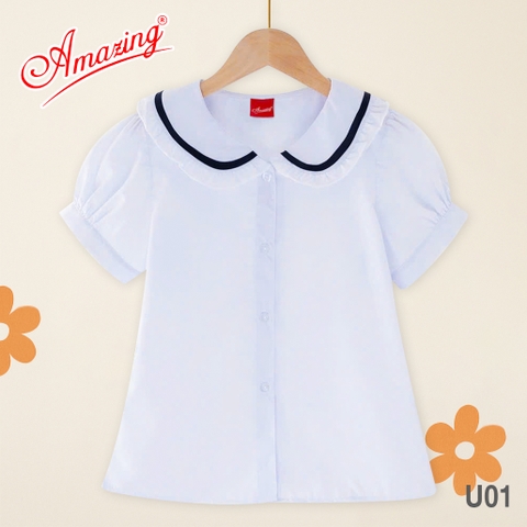Áo sơ mi trắng cổ lá sen viền cao cấp cho bé gái đến trường, big size đến 70kg