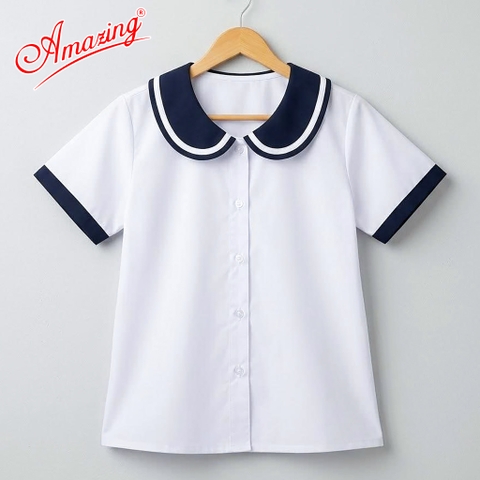 Áo trắng bé gái cổ lá sen, đồng phục đến trường, vải kate silk thấm hút mồ hôi
