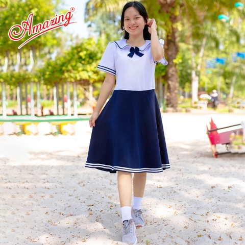 Đầm liền bé gái Amazing xinh xắn, đồng phục học sinh cấp 1 cổ sen, tay bồng, nhiều kiểu, size to đến 60kg