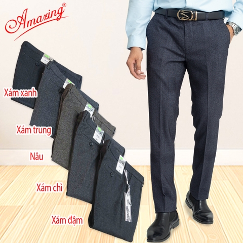 Quần tây nam Amazing màu xám đậm, vải Tetron dày mền, ít nhăn, ống đứng, không ly