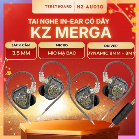 Tai Nghe Nhét Tai In Ear KZ Merga Có mic đàm thoại, màng loa Dynamic 8mm + Dynamic 10mm xử lý âm tốt