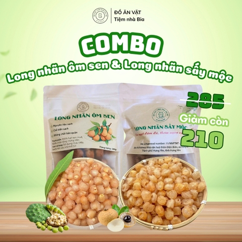 COMBO 2 MÓN: LONG NHÃN ÔM SEN 200G + LONG NHÃN SẤY MỘC 200G - MÓN QUÀ Ý NGHĨA TẶNG MẸ - Tiệm Nhà Bia