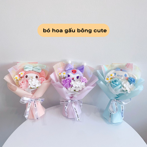 Hoa gấu bông bó siêu cute, bó hoa gấu bông tặng kèm túi đèn