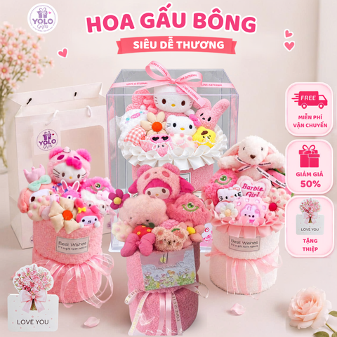 Bó hoa gấu bông siêu dễ thương.sét hoa quà tặng sinh nhật , 14/2 , 8/3 (tặng kèm túi và đèn nhấp nháy)