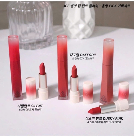 Set son 3CE bite into velvet (1 thỏi, 1 kem) - #duskypink #hushred