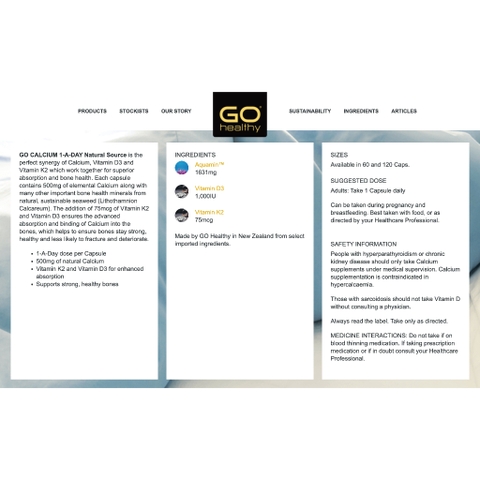 VIÊN UỐNG BỔ SUNG CANXI CHO XƯƠNG GO Healthy GO Calcium - D3 - K2, 1-A-Day Natural Source, Thành phần tự nhiên & Non-GMO