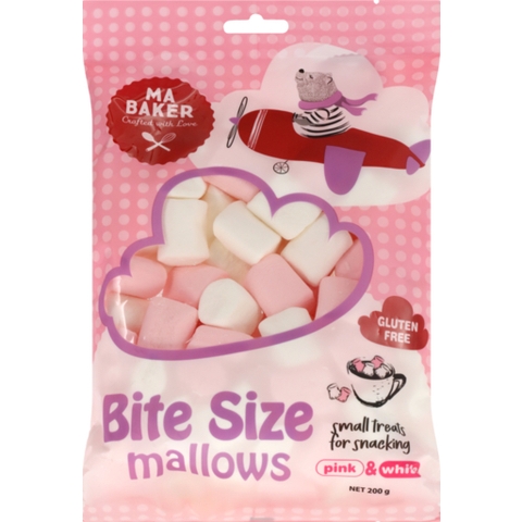 KẸO Marshmallow HỒNG – TRẮNG Ma Baker’s Bite Size Mallows – Pink & White, Gluten Free, 200g