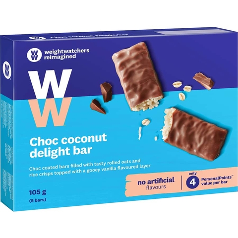 HỘP 5 THANH SOCOLA PHỦ YẾN MẠCH & DỪA Weight Watchers Choc Coconut Delight Bar, VỊ VANILLA, 105g (5 bars)