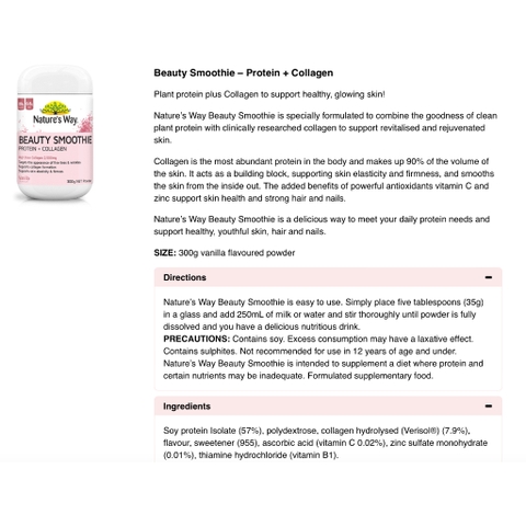 HŨ 300g BỘT ĐẠM PROTEIN - COLLAGEN 2.500mg - VITAMIN C - ZINC, Nature's Way Beauty Smoothie, VỊ VANILLA