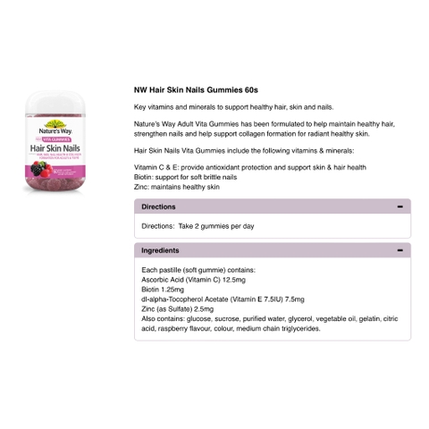 HŨ 60 VIÊN KẸO DẺO VITAMIN C, E, BIOTIN, ZINC Nature's Way Vita Gummies, Hair - Skin - Nail Health - Minerals, VỊ BERRY