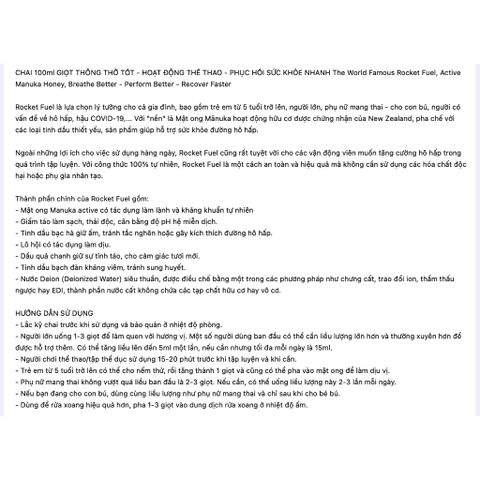 CHAI 100ml GIỌT THÔNG THỞ - HOẠT ĐỘNG THỂ THAO The World Famous Rocket Fuel, Active Manuka