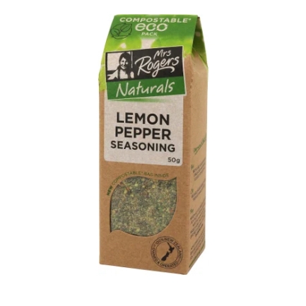TIÊU CHANH TỰ NHIÊN Mrs Rogers Lemon Pepper Seasoning, TÚI PHÂN HỦY Compostable Eco Pack - 100% New Zealand, 50g